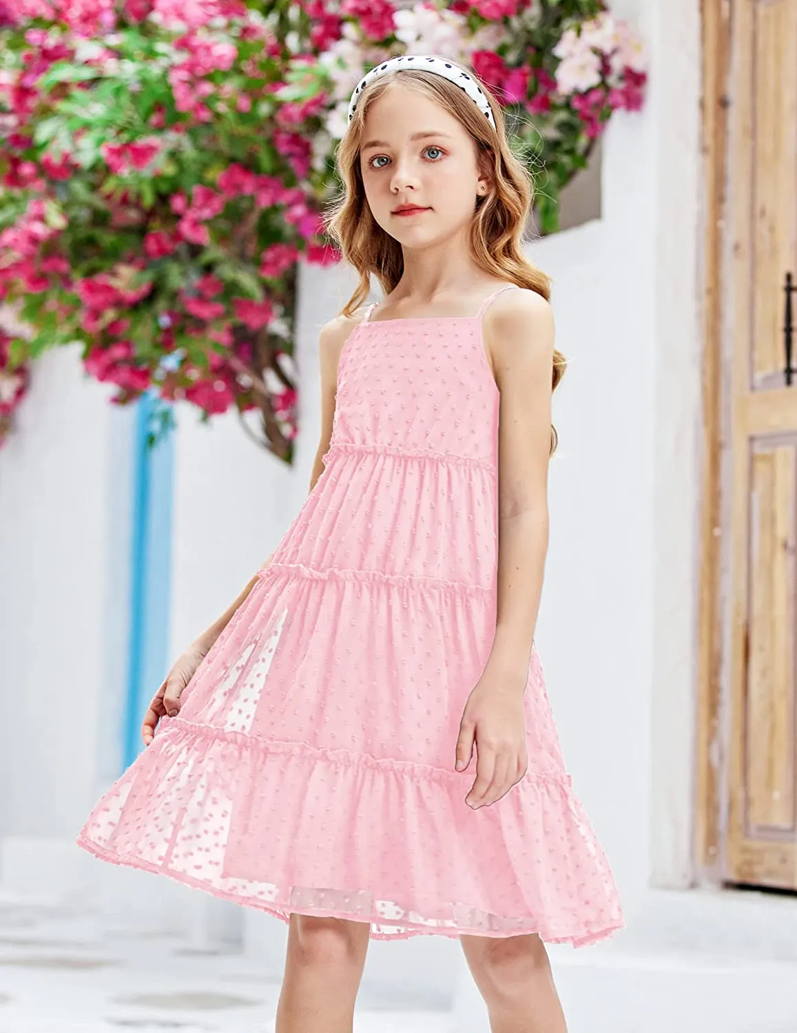 Arshiner Girls Summer Dress Sleeveless Swiss Dot  Ruffle Flowy Sundress