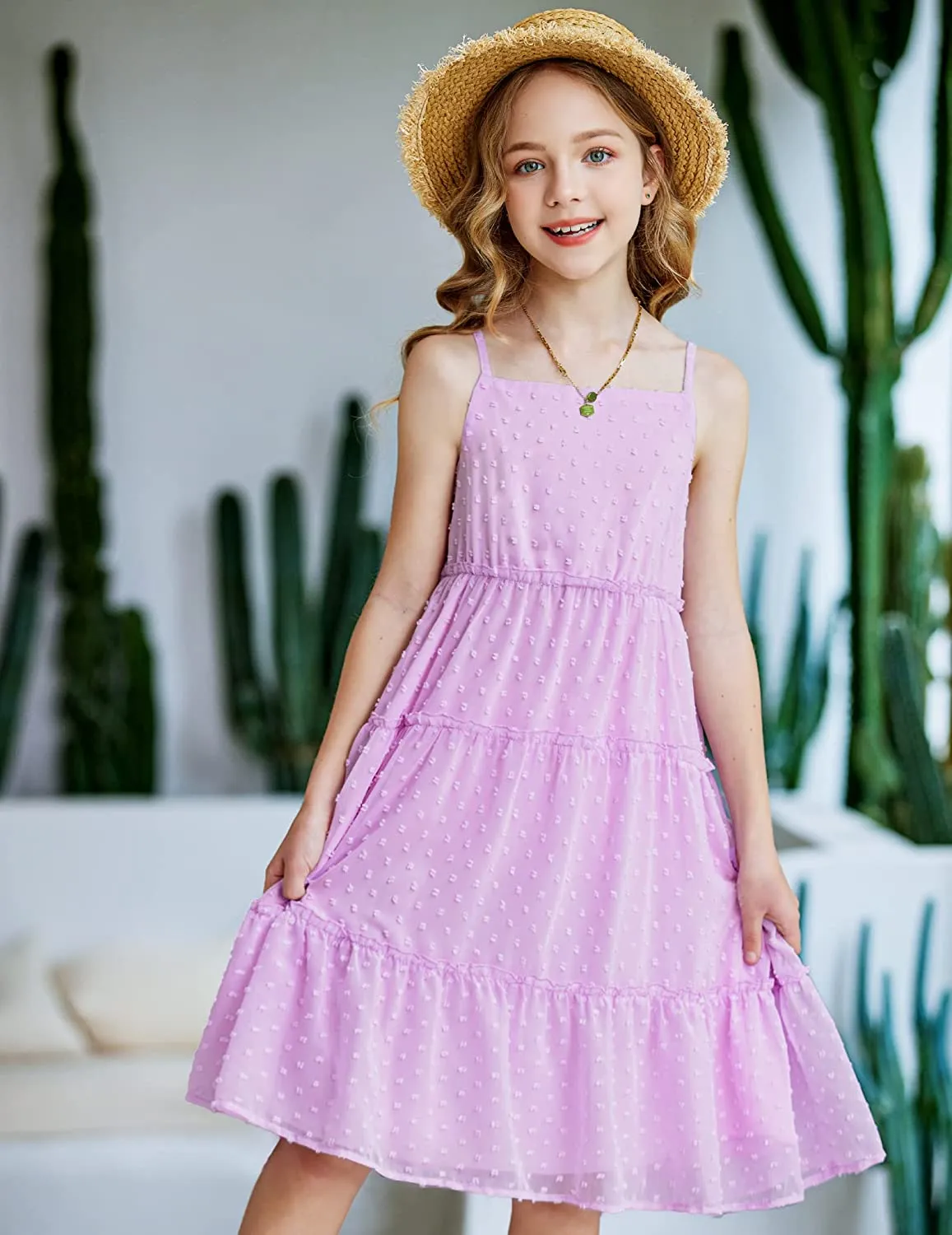 Arshiner Girls Summer Dress Sleeveless Swiss Dot  Ruffle Flowy Sundress