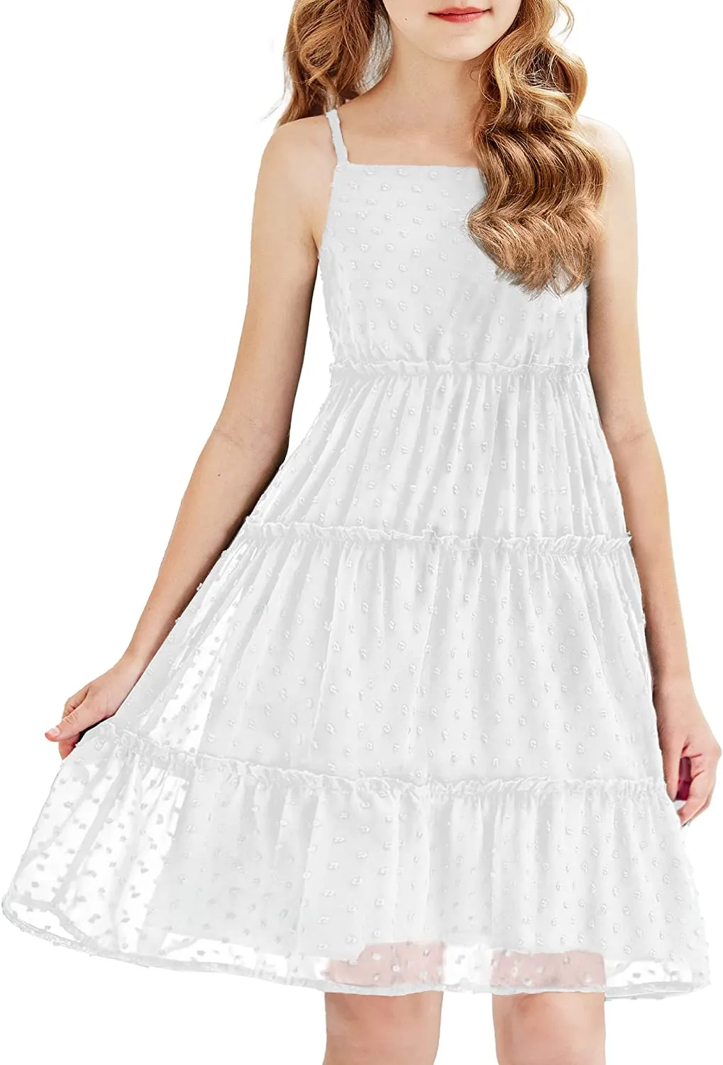 Arshiner Girls Summer Dress Sleeveless Swiss Dot  Ruffle Flowy Sundress