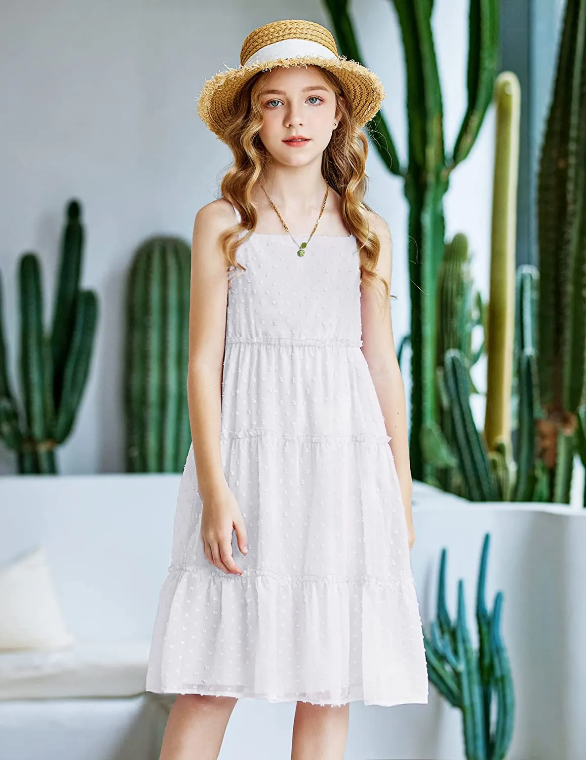 Arshiner Girls Summer Dress Sleeveless Swiss Dot  Ruffle Flowy Sundress