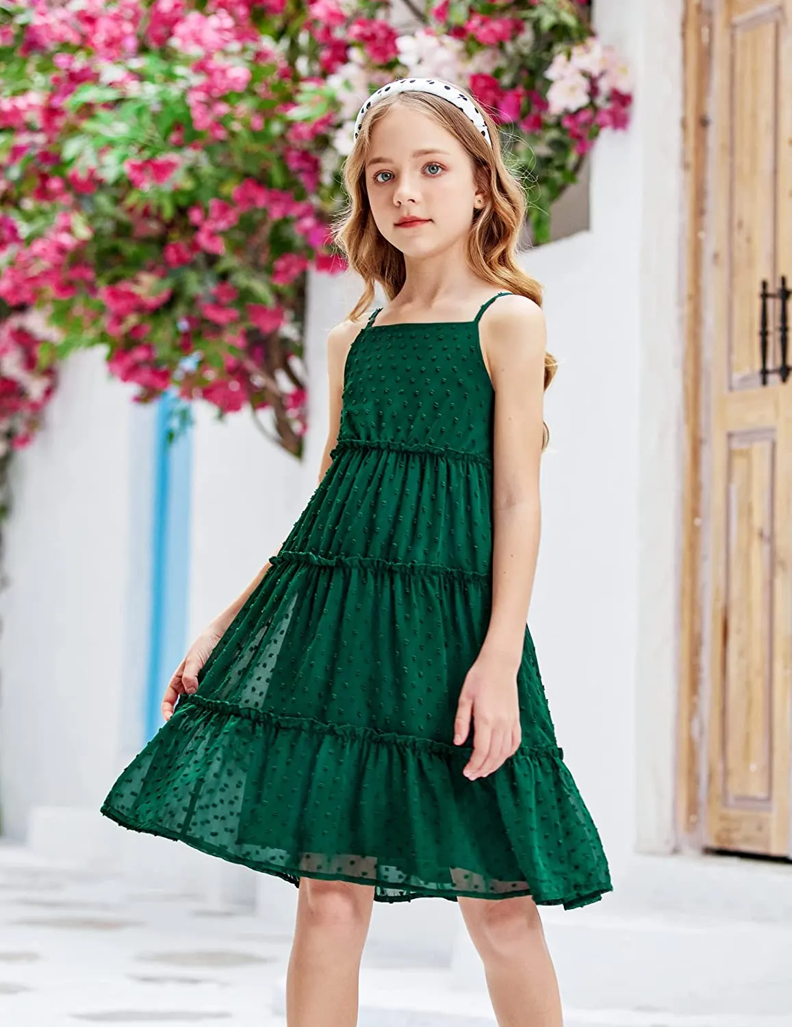 Arshiner Girls Summer Dress Sleeveless Swiss Dot  Ruffle Flowy Sundress