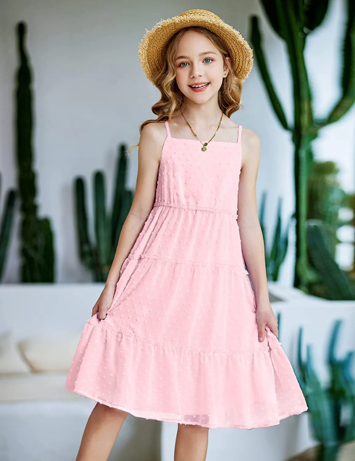 Arshiner Girls Summer Dress Sleeveless Swiss Dot  Ruffle Flowy Sundress