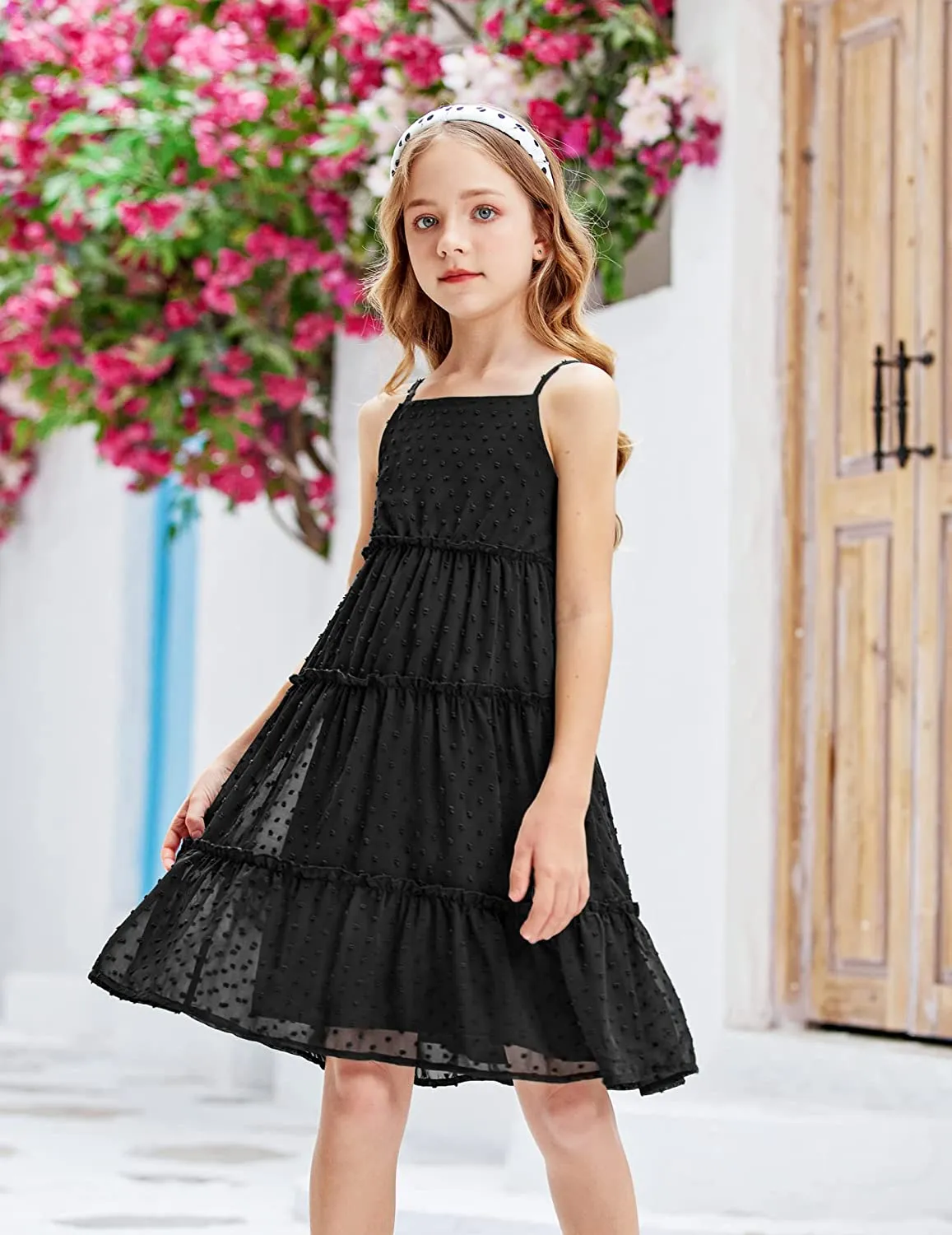 Arshiner Girls Summer Dress Sleeveless Swiss Dot  Ruffle Flowy Sundress