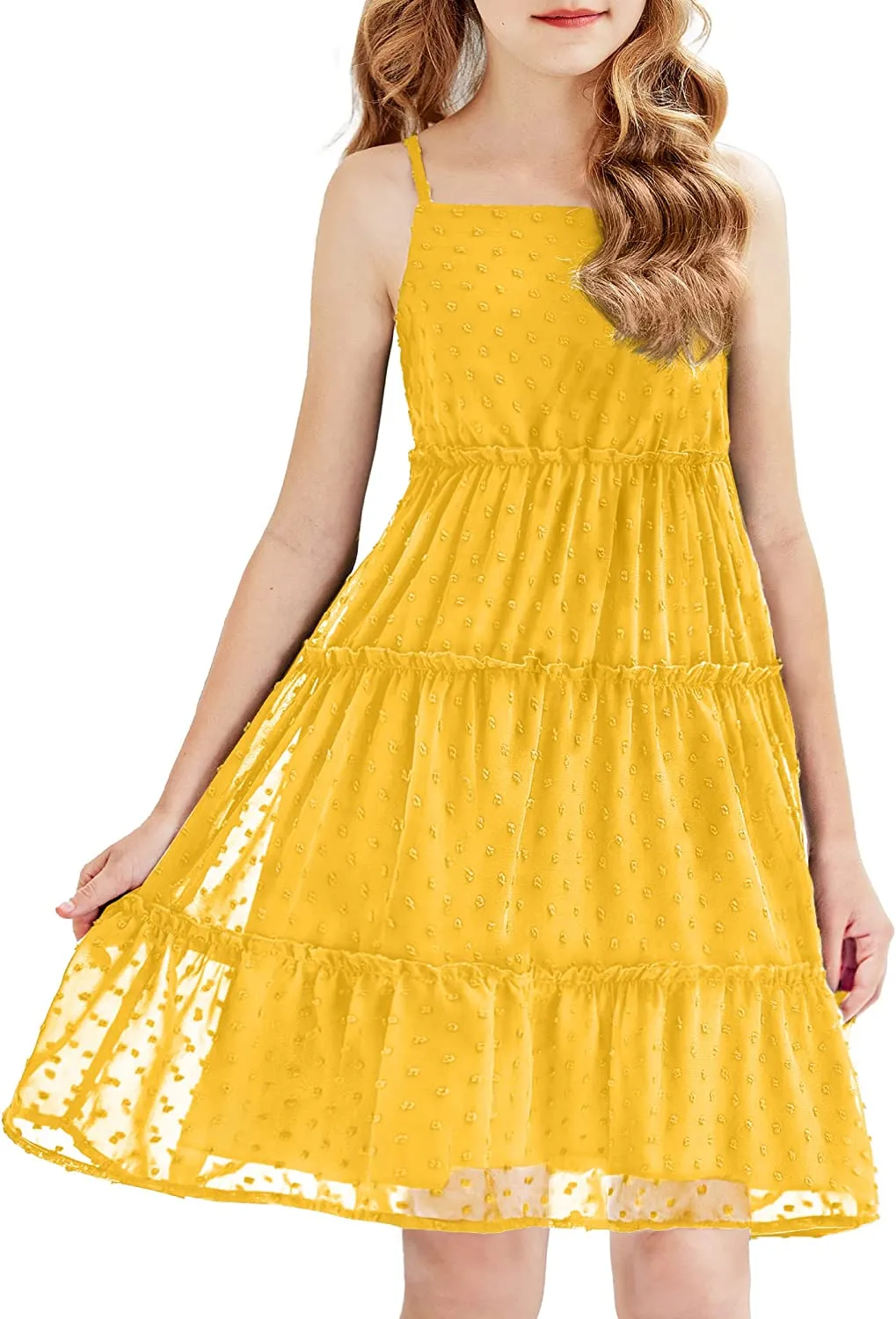 Arshiner Girls Summer Dress Sleeveless Swiss Dot  Ruffle Flowy Sundress