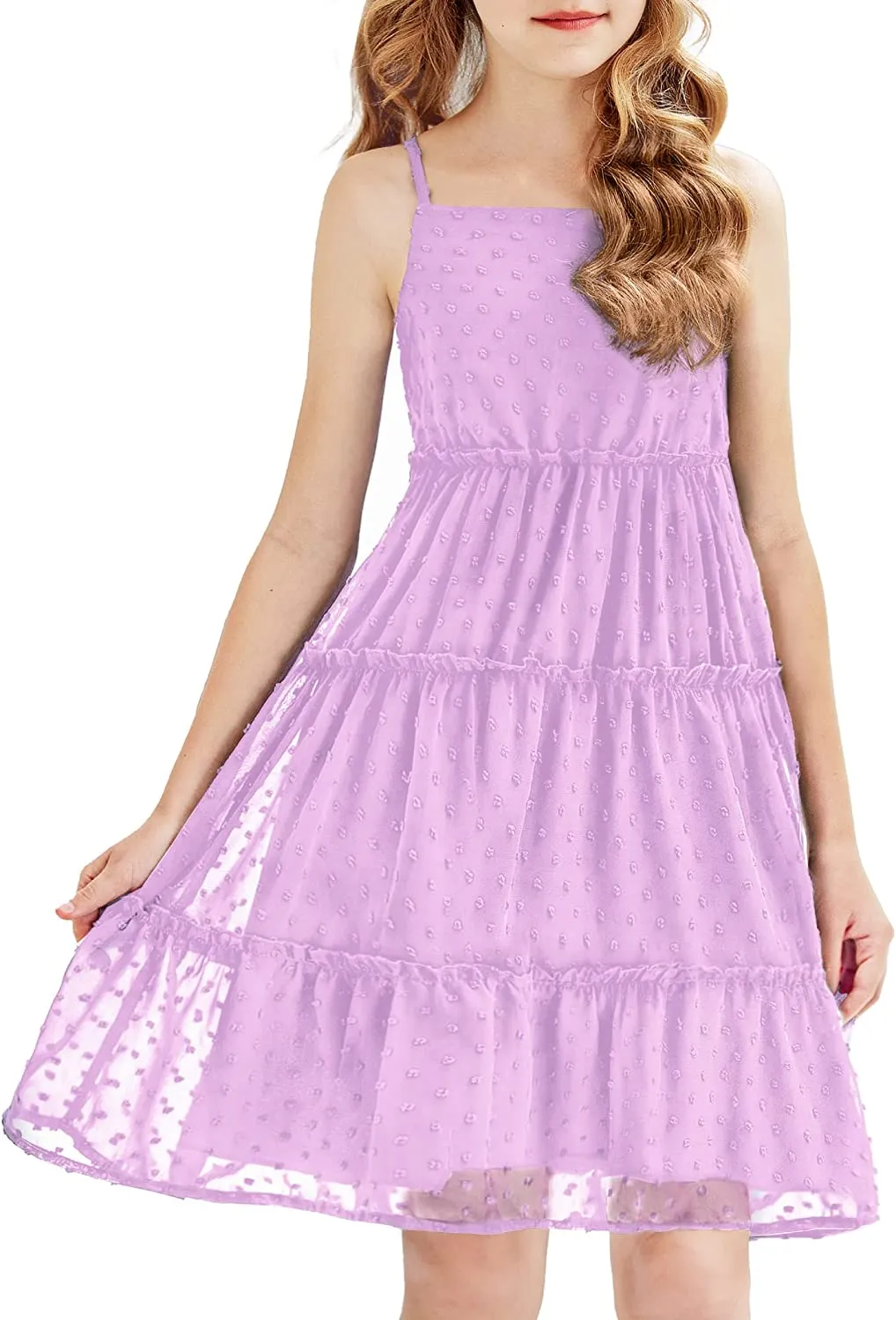 Arshiner Girls Summer Dress Sleeveless Swiss Dot  Ruffle Flowy Sundress