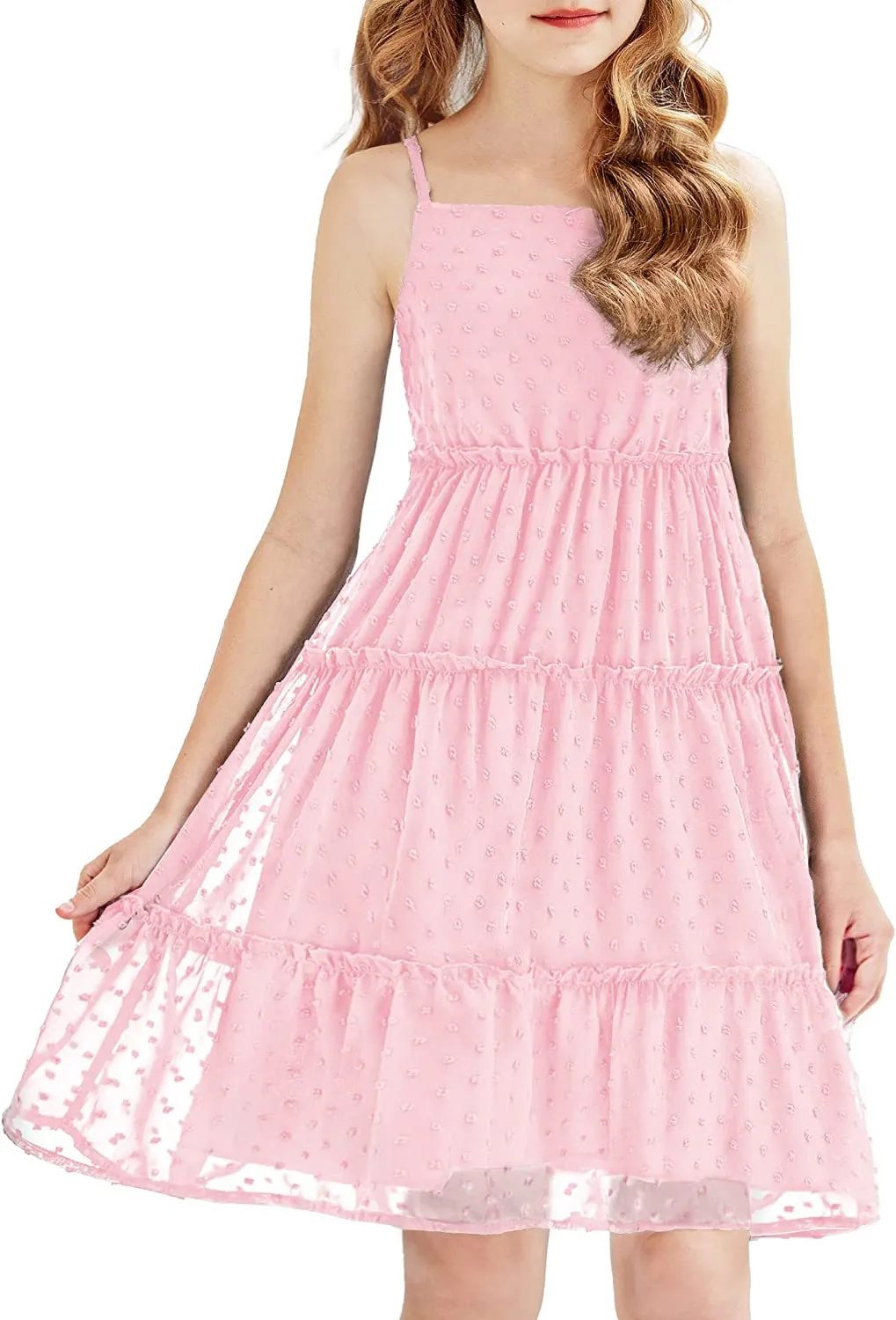 Arshiner Girls Summer Dress Sleeveless Swiss Dot  Ruffle Flowy Sundress