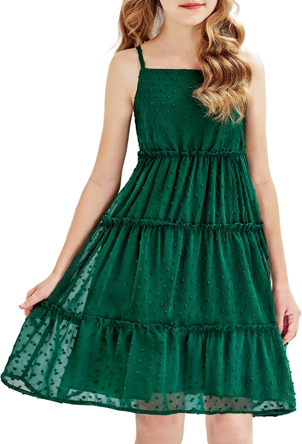 Arshiner Girls Summer Dress Sleeveless Swiss Dot  Ruffle Flowy Sundress