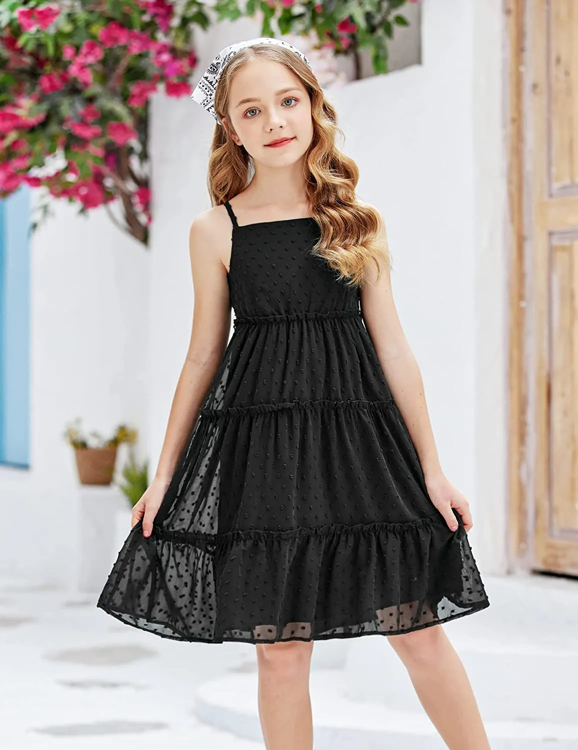 Arshiner Girls Summer Dress Sleeveless Swiss Dot  Ruffle Flowy Sundress