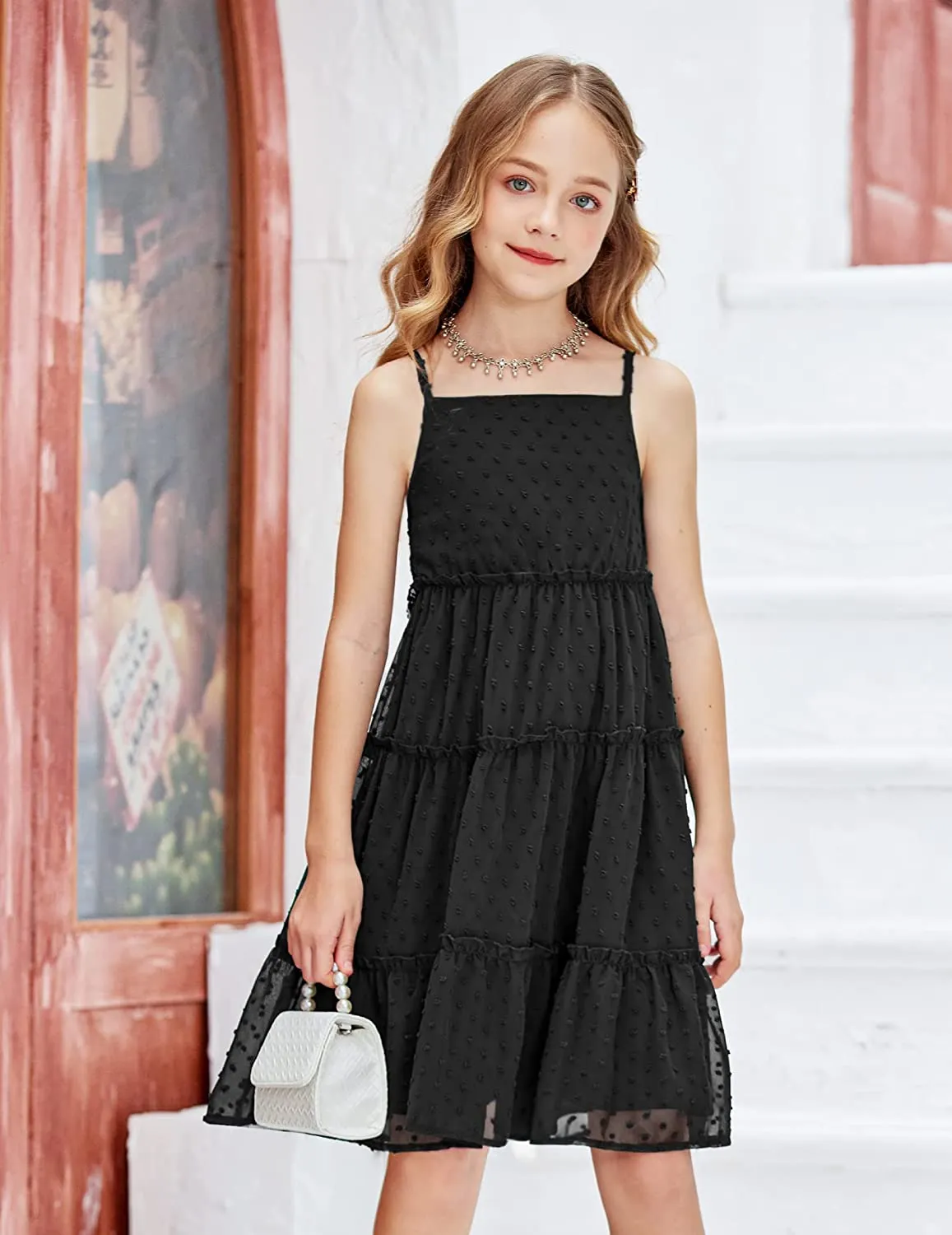 Arshiner Girls Summer Dress Sleeveless Swiss Dot  Ruffle Flowy Sundress