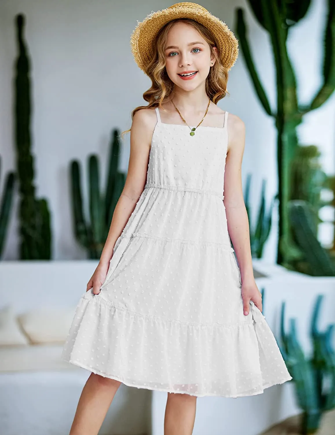 Arshiner Girls Summer Dress Sleeveless Swiss Dot  Ruffle Flowy Sundress