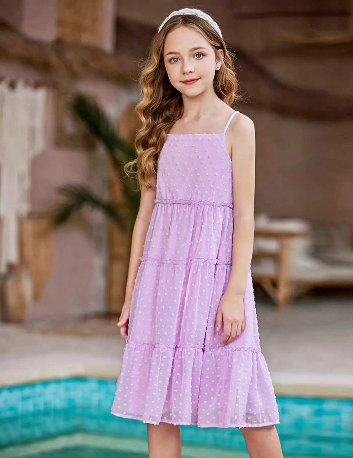 Arshiner Girls Summer Dress Sleeveless Swiss Dot  Ruffle Flowy Sundress