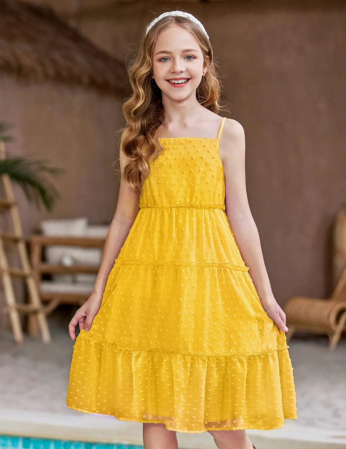 Arshiner Girls Summer Dress Sleeveless Swiss Dot  Ruffle Flowy Sundress