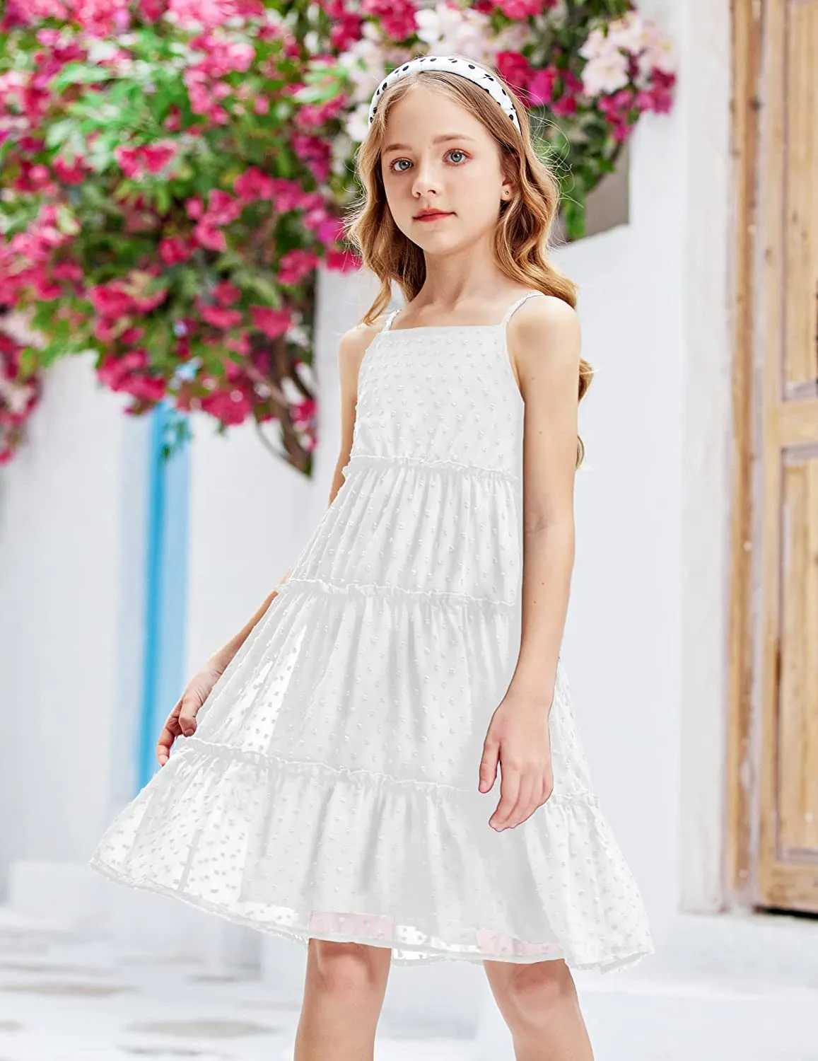 Arshiner Girls Summer Dress Sleeveless Swiss Dot  Ruffle Flowy Sundress