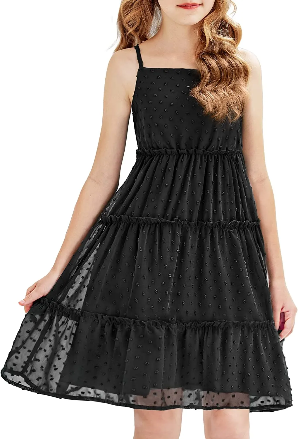 Arshiner Girls Summer Dress Sleeveless Swiss Dot  Ruffle Flowy Sundress