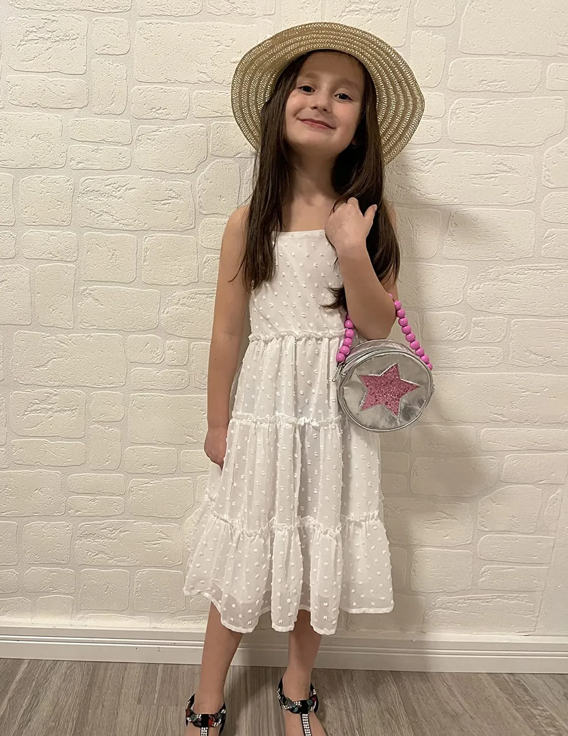 Arshiner Girls Summer Dress Sleeveless Swiss Dot  Ruffle Flowy Sundress