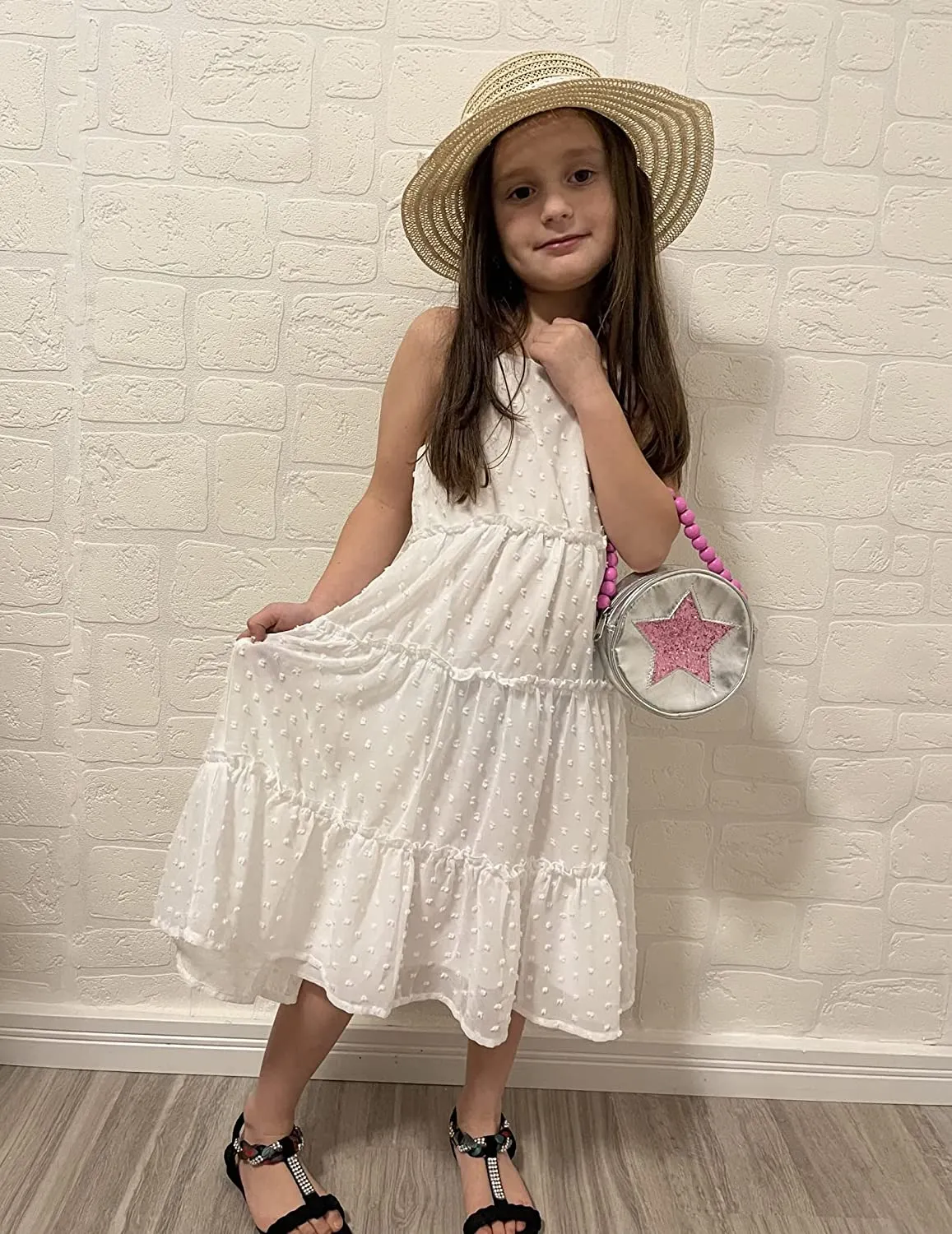 Arshiner Girls Summer Dress Sleeveless Swiss Dot  Ruffle Flowy Sundress