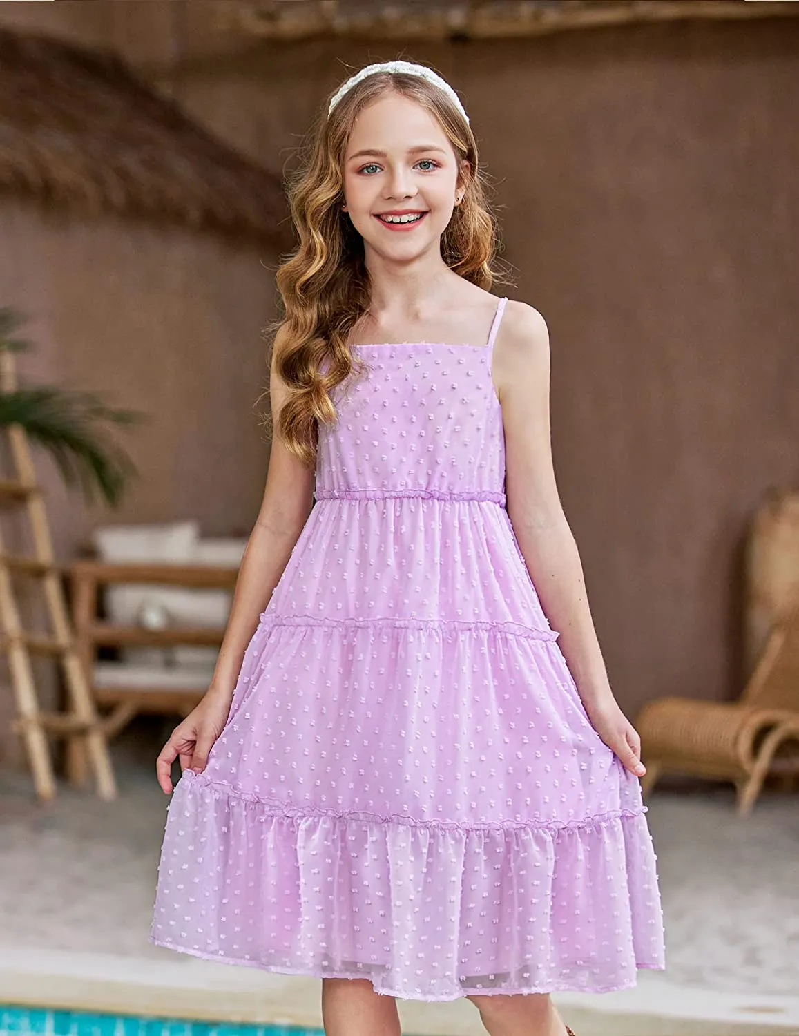Arshiner Girls Summer Dress Sleeveless Swiss Dot  Ruffle Flowy Sundress