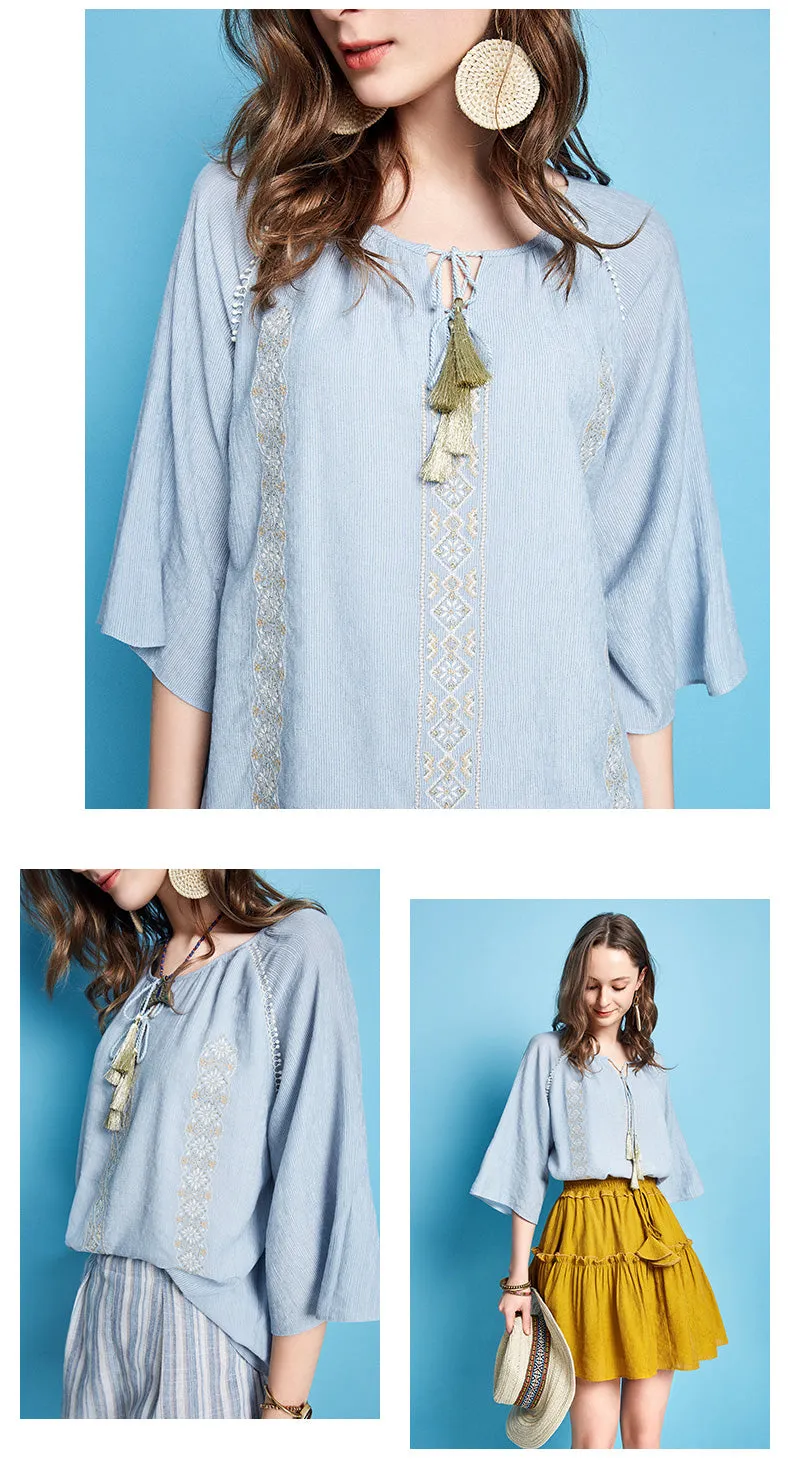 ARTKA EMBROIDERED TASSEL TIE BLOUSE IN BLUE