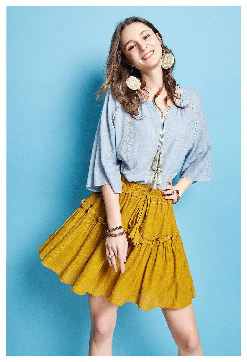 ARTKA EMBROIDERED TASSEL TIE BLOUSE IN BLUE