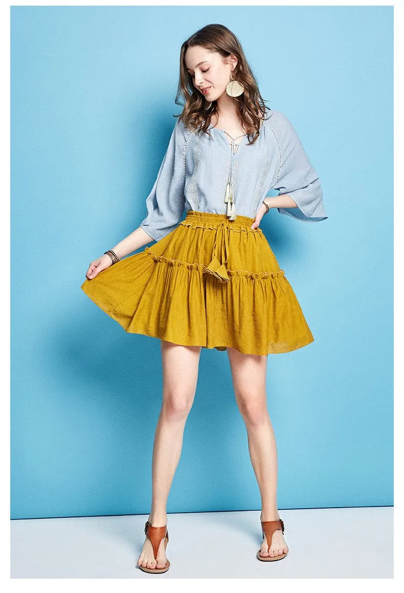 ARTKA EMBROIDERED TASSEL TIE BLOUSE IN BLUE