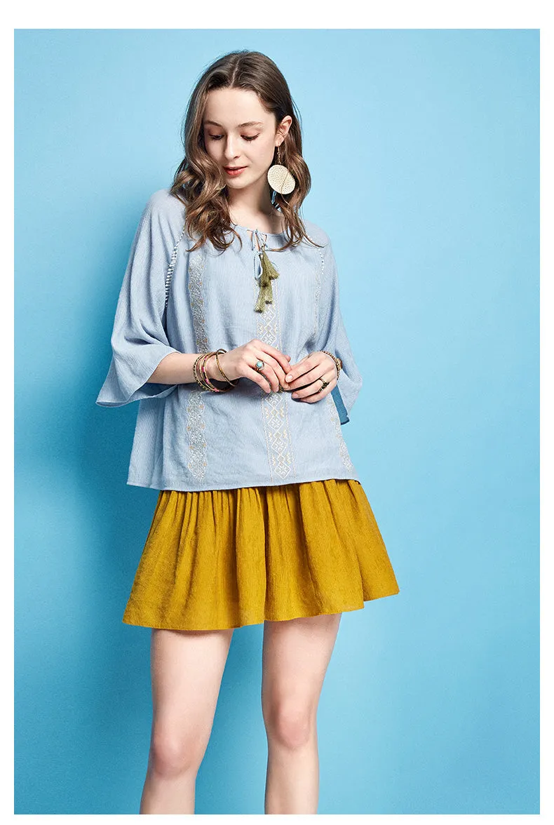 ARTKA EMBROIDERED TASSEL TIE BLOUSE IN BLUE
