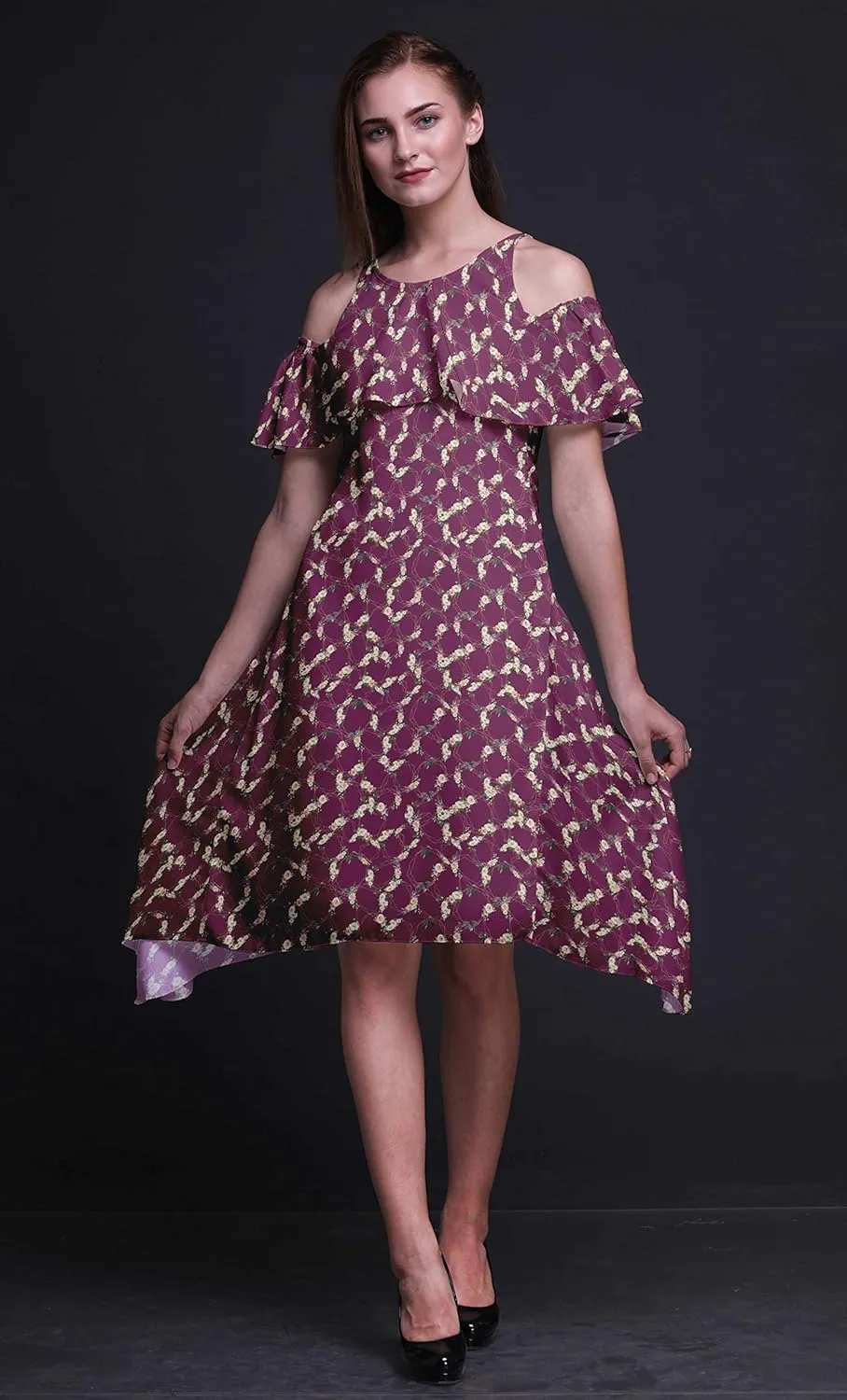Bimba Moss Georgette Printed Womens Chic Style Cold Shoulder Tunic Party Round Neck Shift Dress