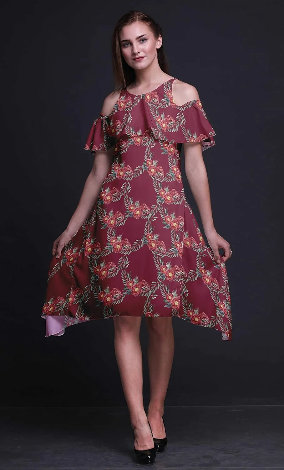 Bimba Moss Georgette Printed Womens Chic Style Cold Shoulder Tunic Party Round Neck Shift Dress