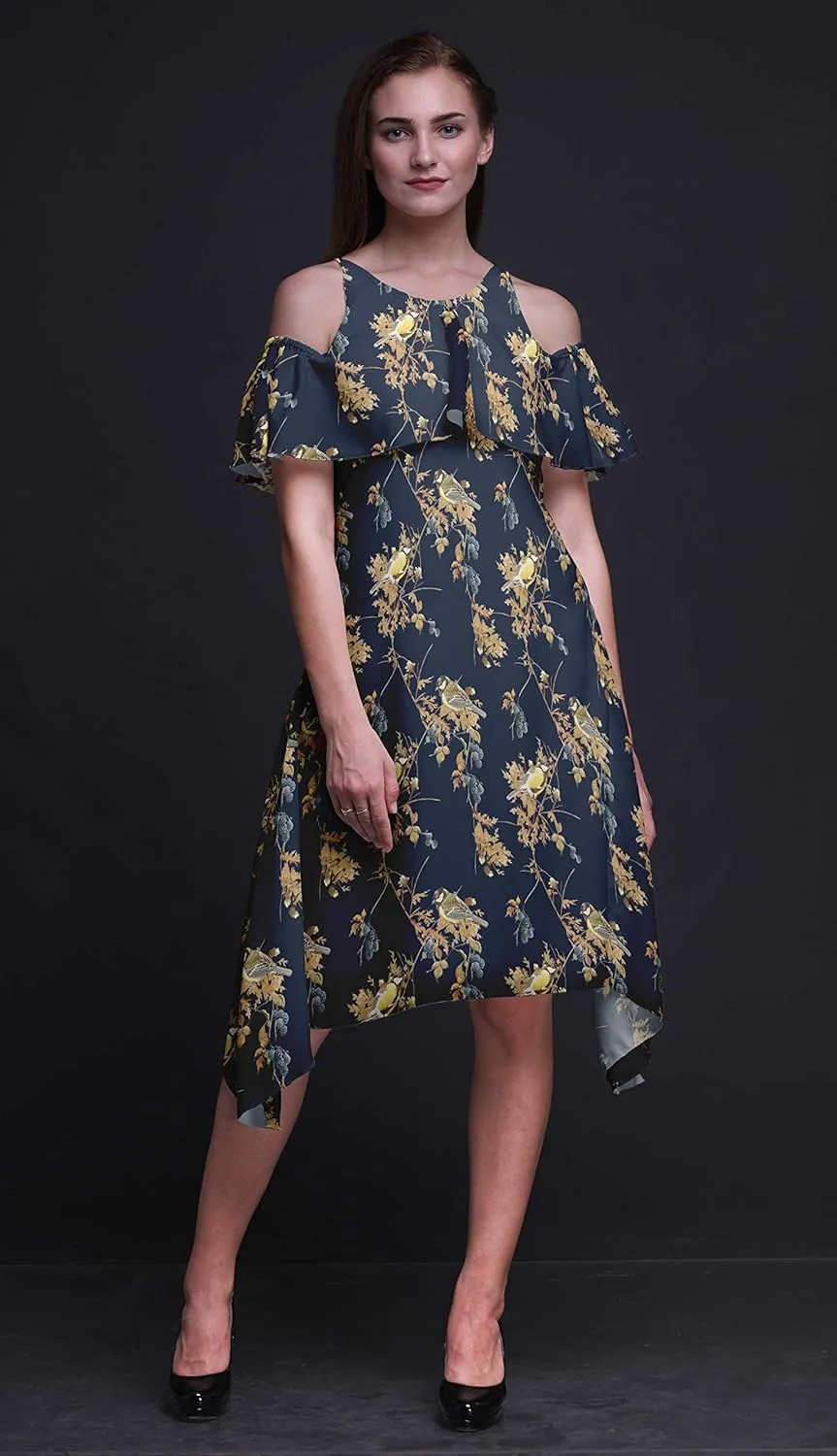 Bimba Moss Georgette Printed Womens Chic Style Cold Shoulder Tunic Party Round Neck Shift Dress