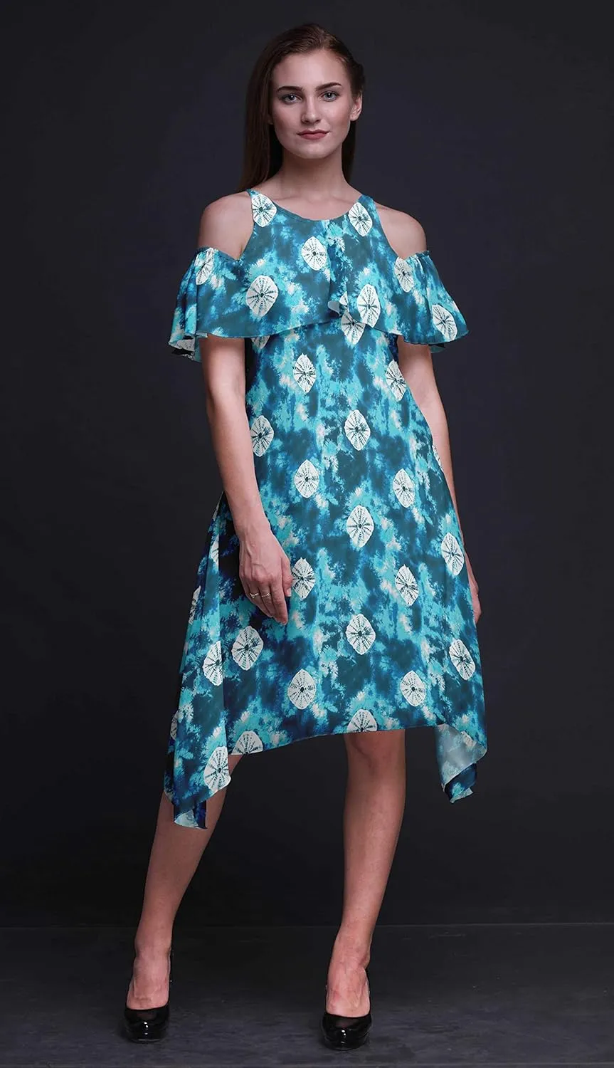 Bimba Moss Georgette Printed Womens Chic Style Cold Shoulder Tunic Party Round Neck Shift Dress
