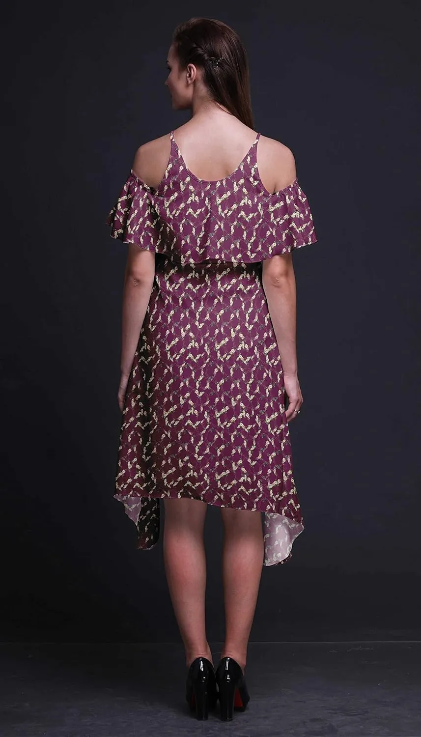 Bimba Moss Georgette Printed Womens Chic Style Cold Shoulder Tunic Party Round Neck Shift Dress
