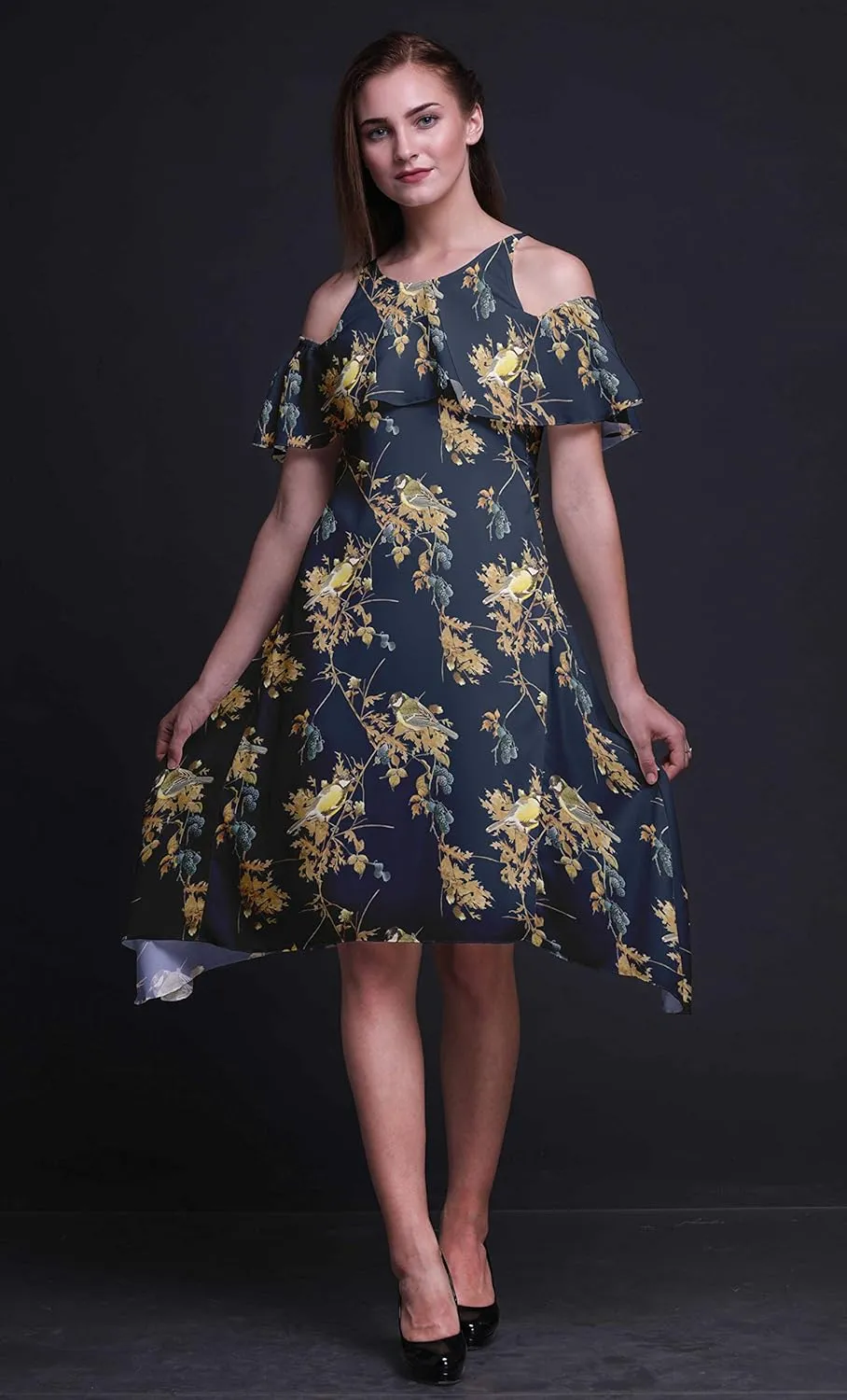 Bimba Moss Georgette Printed Womens Chic Style Cold Shoulder Tunic Party Round Neck Shift Dress