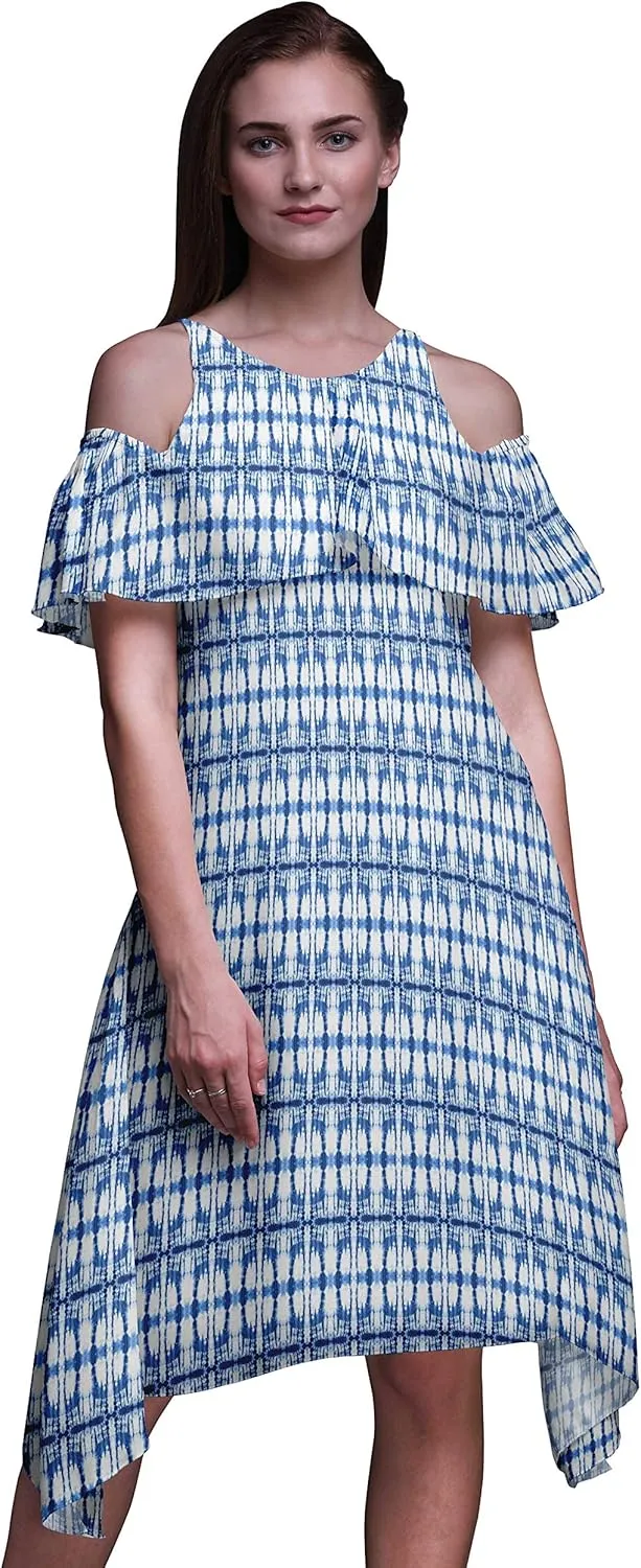 Bimba Moss Georgette Printed Womens Chic Style Cold Shoulder Tunic Party Round Neck Shift Dress