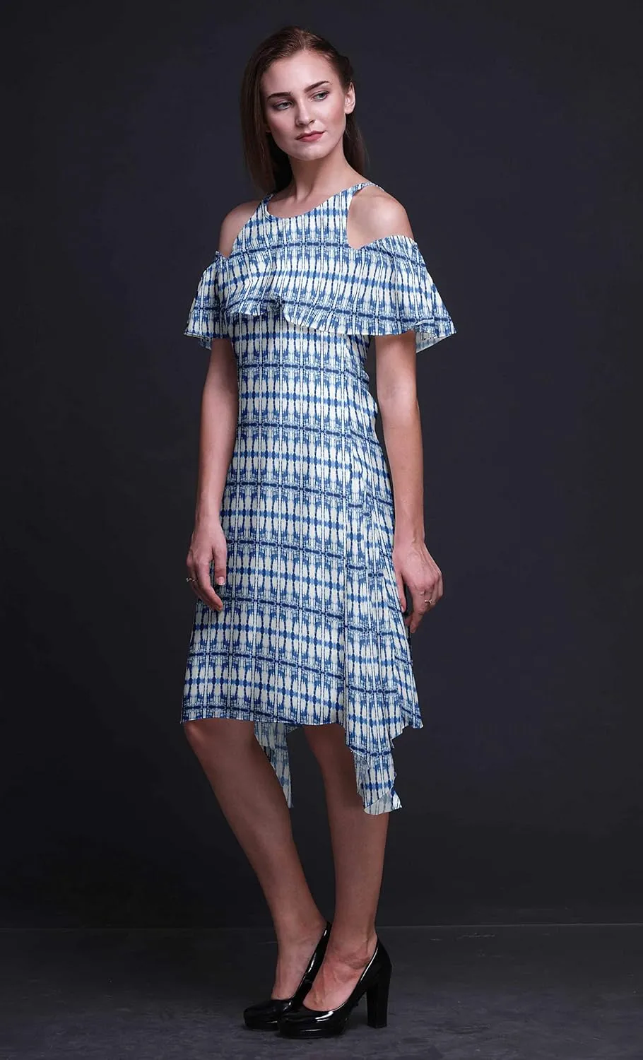 Bimba Moss Georgette Printed Womens Chic Style Cold Shoulder Tunic Party Round Neck Shift Dress