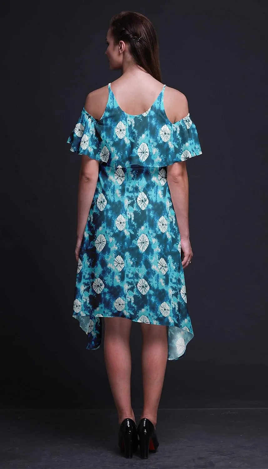 Bimba Moss Georgette Printed Womens Chic Style Cold Shoulder Tunic Party Round Neck Shift Dress