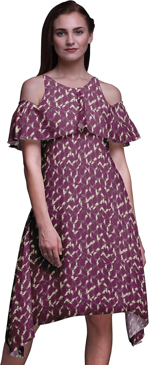Bimba Moss Georgette Printed Womens Chic Style Cold Shoulder Tunic Party Round Neck Shift Dress