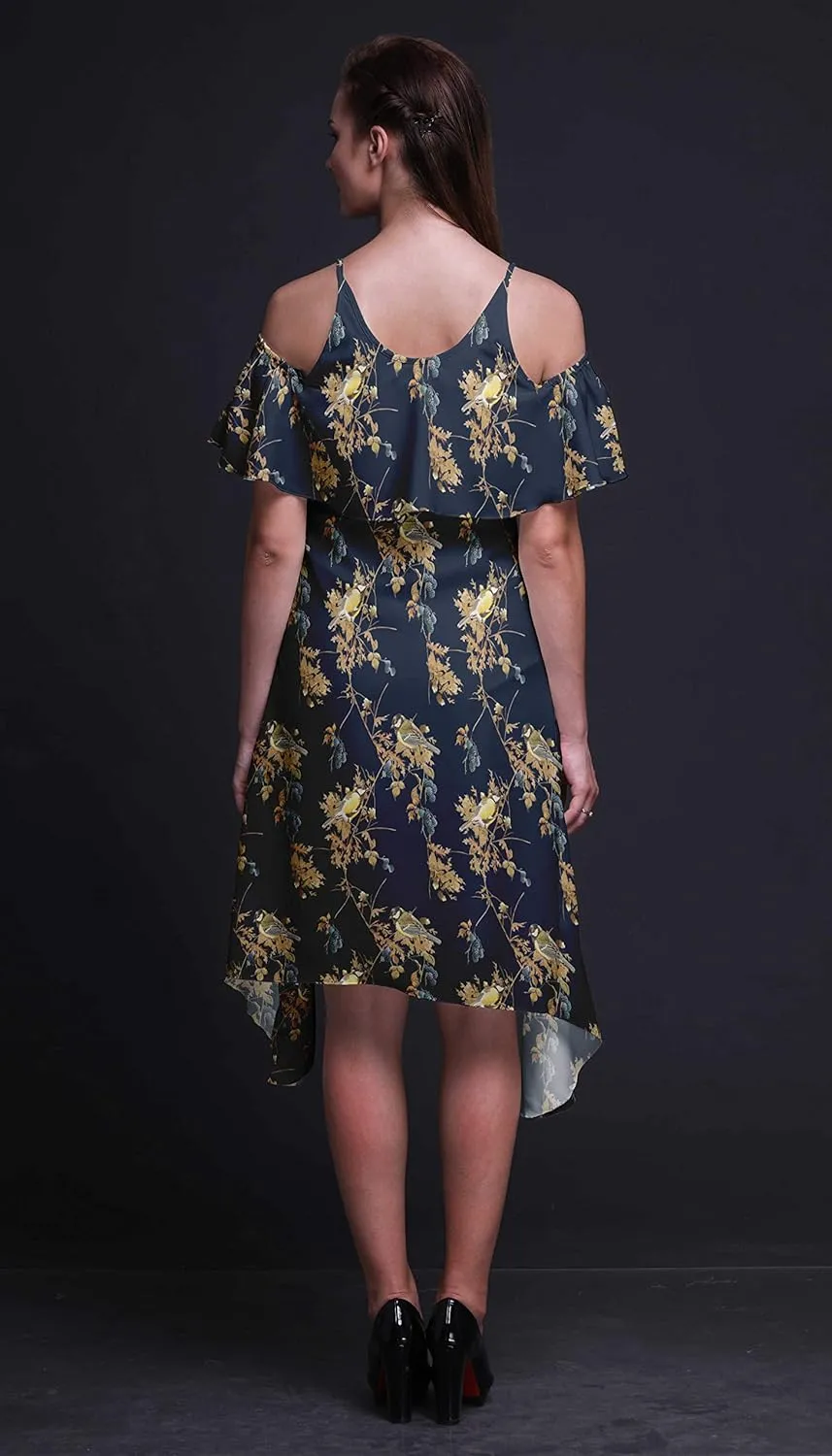 Bimba Moss Georgette Printed Womens Chic Style Cold Shoulder Tunic Party Round Neck Shift Dress