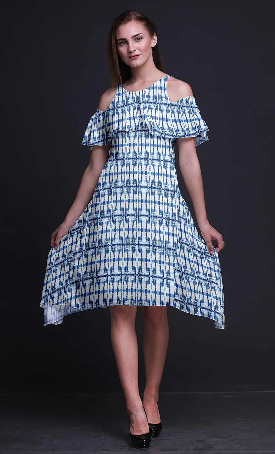 Bimba Moss Georgette Printed Womens Chic Style Cold Shoulder Tunic Party Round Neck Shift Dress