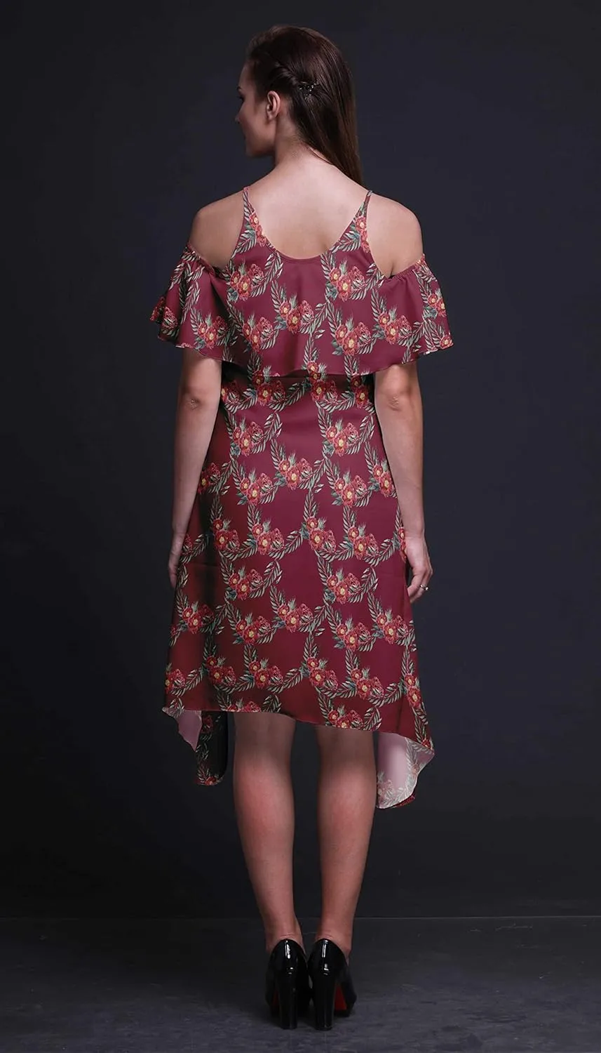 Bimba Moss Georgette Printed Womens Chic Style Cold Shoulder Tunic Party Round Neck Shift Dress