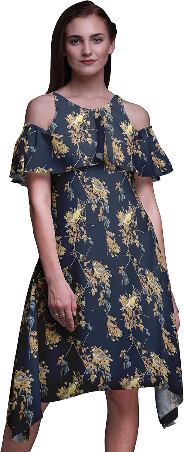 Bimba Moss Georgette Printed Womens Chic Style Cold Shoulder Tunic Party Round Neck Shift Dress