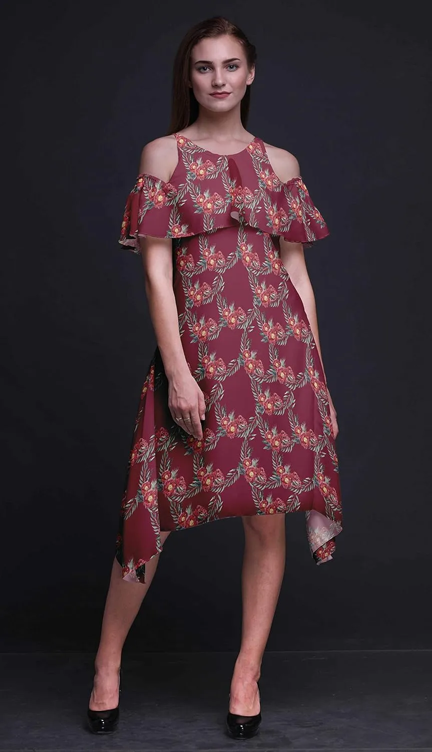 Bimba Moss Georgette Printed Womens Chic Style Cold Shoulder Tunic Party Round Neck Shift Dress