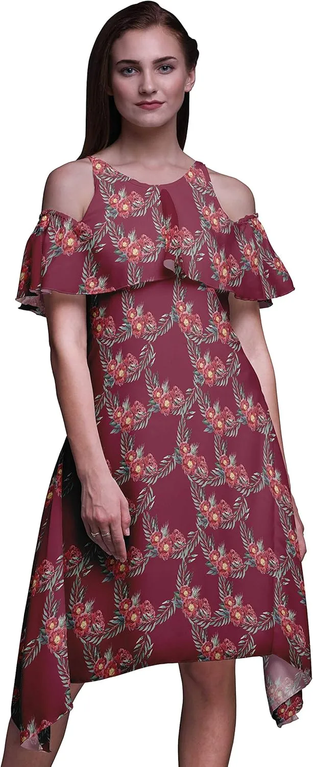 Bimba Moss Georgette Printed Womens Chic Style Cold Shoulder Tunic Party Round Neck Shift Dress
