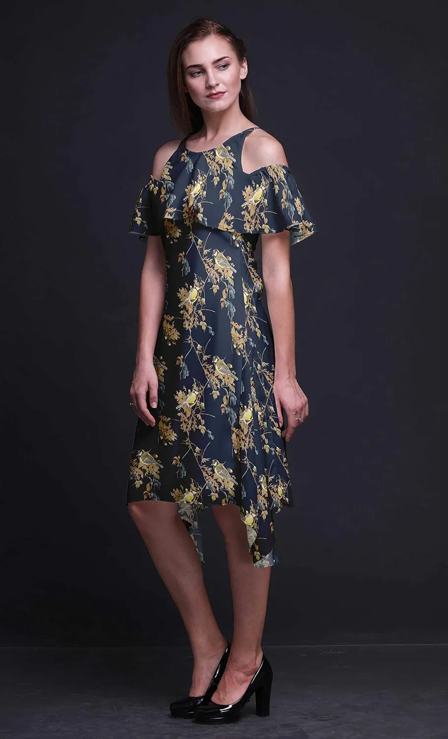 Bimba Moss Georgette Printed Womens Chic Style Cold Shoulder Tunic Party Round Neck Shift Dress