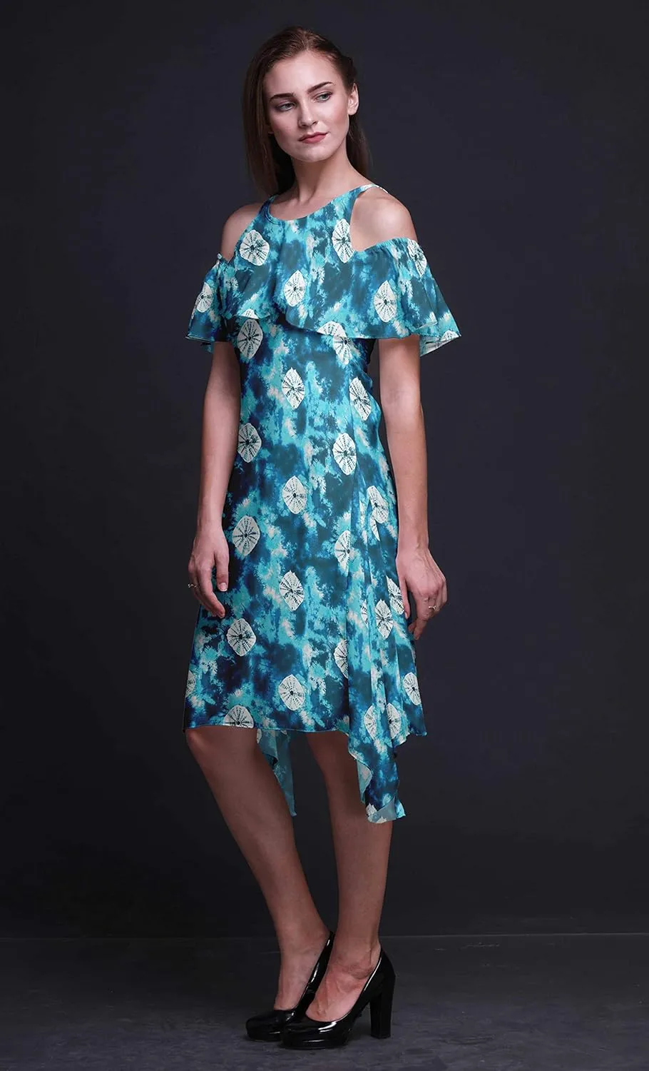 Bimba Moss Georgette Printed Womens Chic Style Cold Shoulder Tunic Party Round Neck Shift Dress