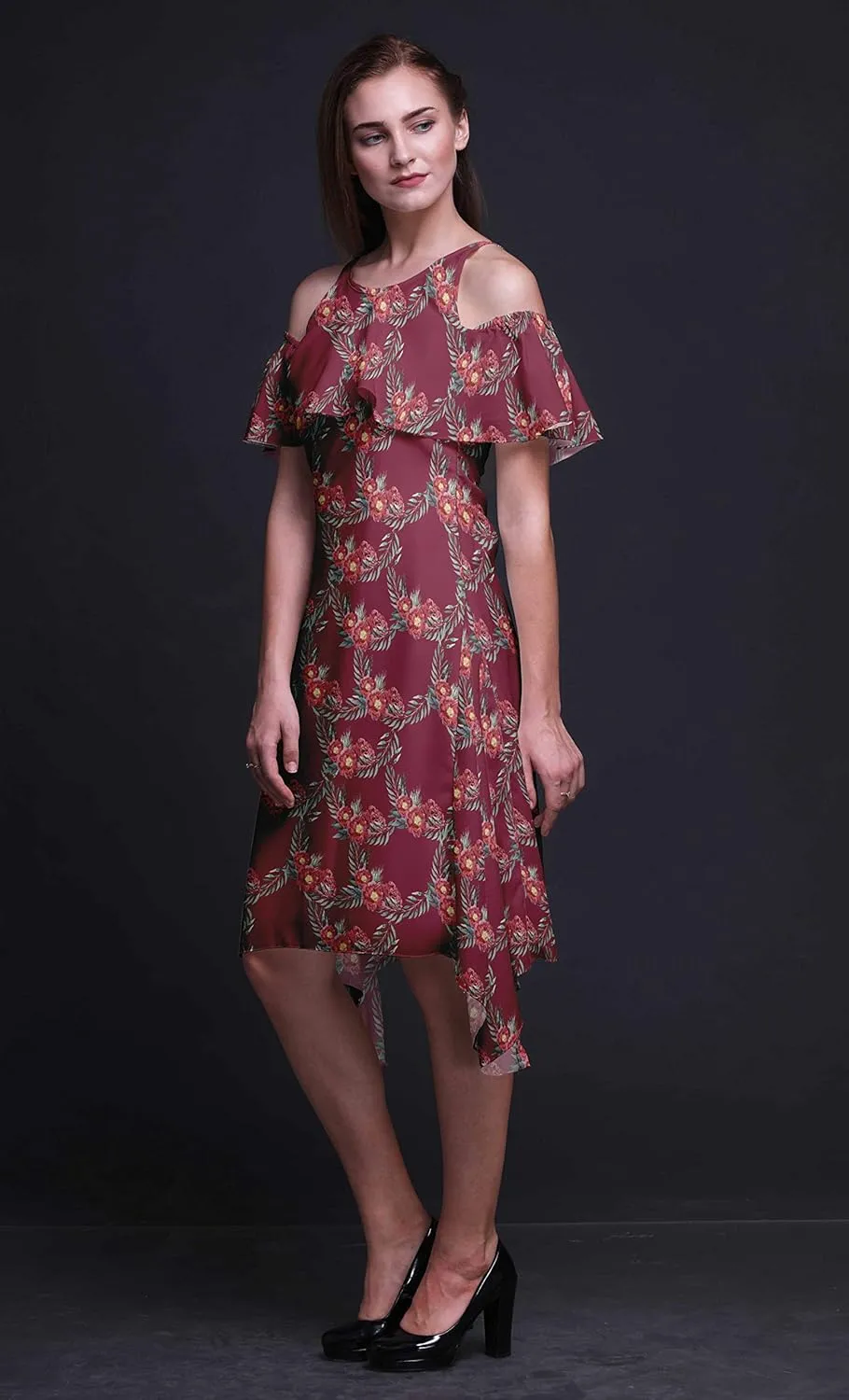 Bimba Moss Georgette Printed Womens Chic Style Cold Shoulder Tunic Party Round Neck Shift Dress