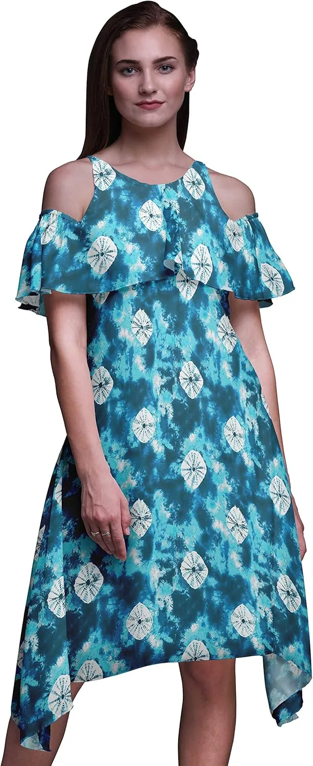 Bimba Moss Georgette Printed Womens Chic Style Cold Shoulder Tunic Party Round Neck Shift Dress