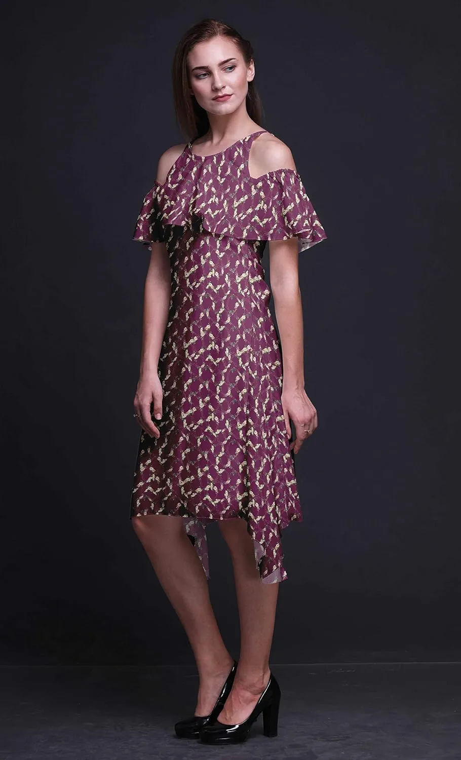 Bimba Moss Georgette Printed Womens Chic Style Cold Shoulder Tunic Party Round Neck Shift Dress