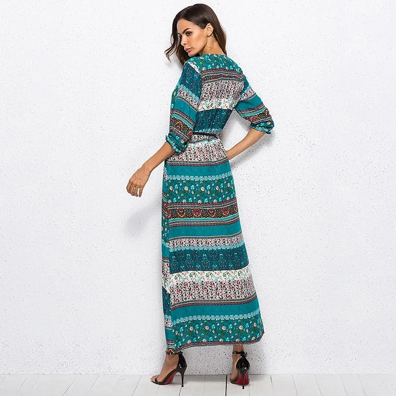 Bohemian printing long dress women maxi long dress floral print retro hippie vestidos chic brand clothing boho dress
