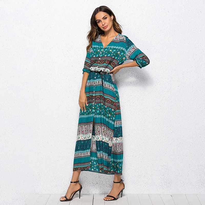 Bohemian printing long dress women maxi long dress floral print retro hippie vestidos chic brand clothing boho dress