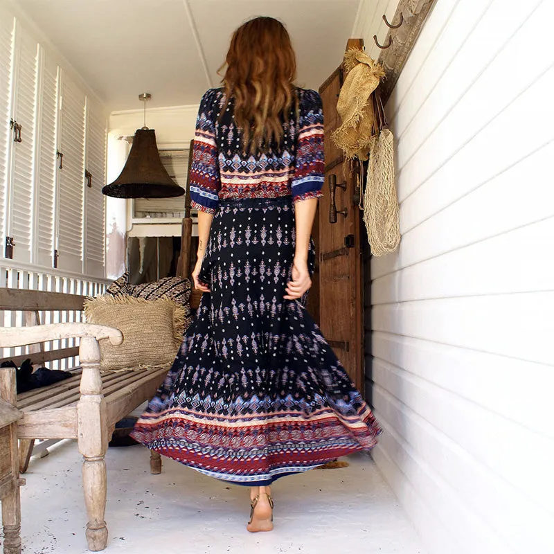 Bohemian printing long dress women maxi long dress floral print retro hippie vestidos chic brand clothing boho dress