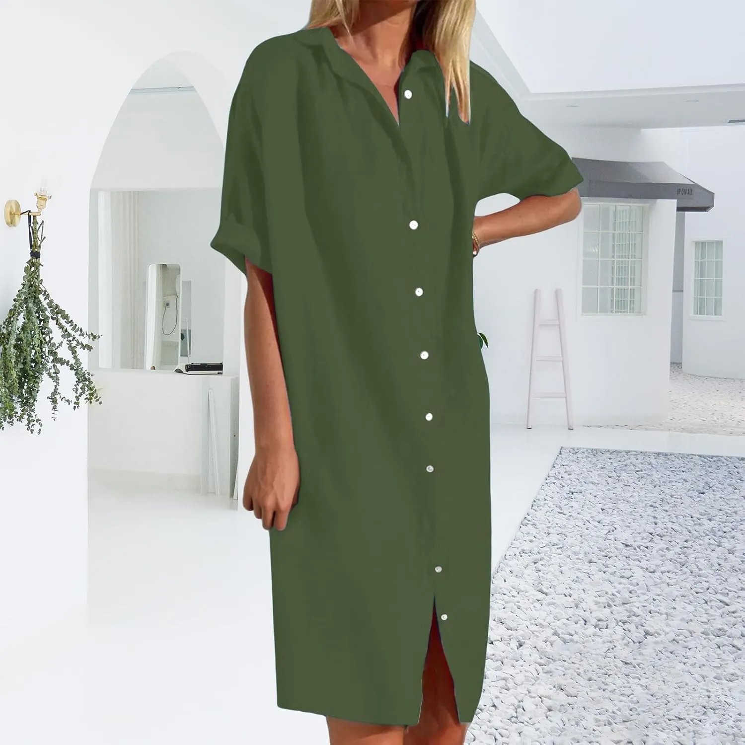 Button Down Dress for Women Cotton Linen Long T Shirt Dresses Casual Short Sleeve Midi Sundress Summer Beach Coverups